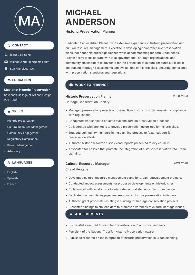 Senior Urban Planner resume sample — Historic Preservation Planner focus