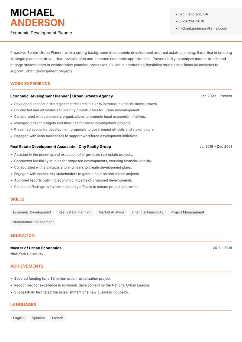 Senior Urban Planner resume sample — Economic Development Planner focus