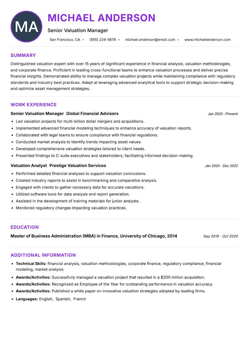 Senior Valuation Manager resume example