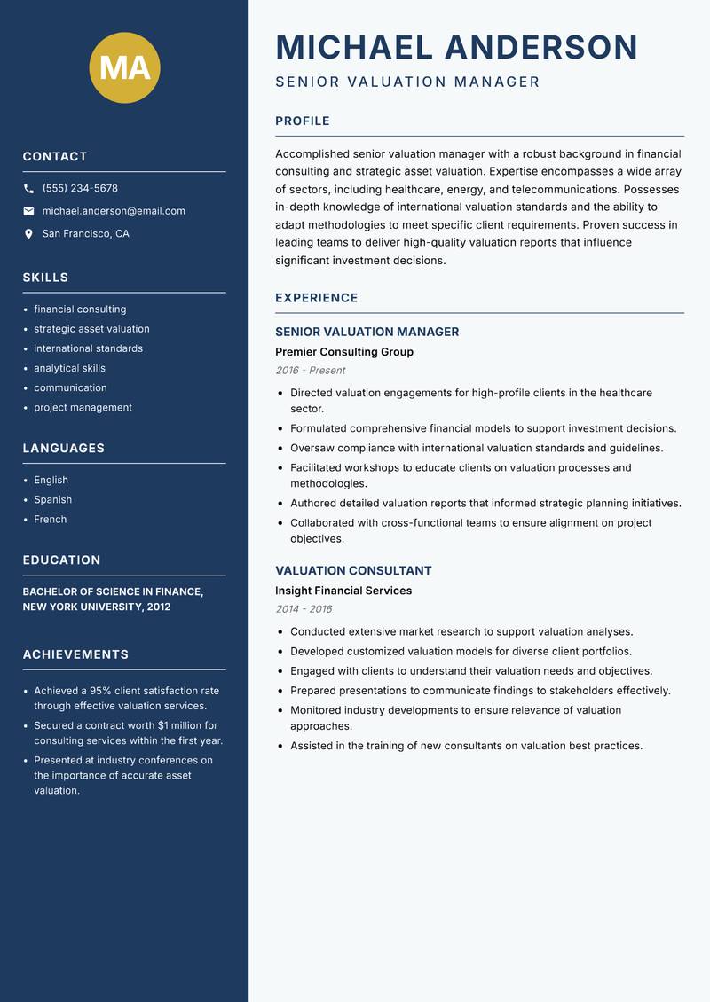 Senior Valuation Manager resume sample — Senior Valuation Manager focus