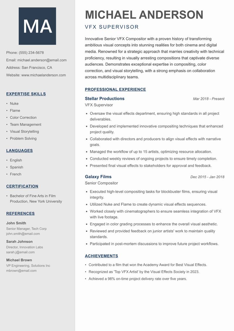 Senior VFX Compositor resume sample — VFX Supervisor focus