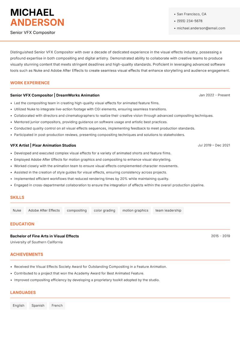 Senior VFX Compositor resume sample — Senior VFX Compositor focus