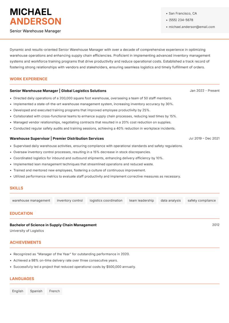 Senior Warehouse Manager resume sample — Senior Warehouse Manager focus