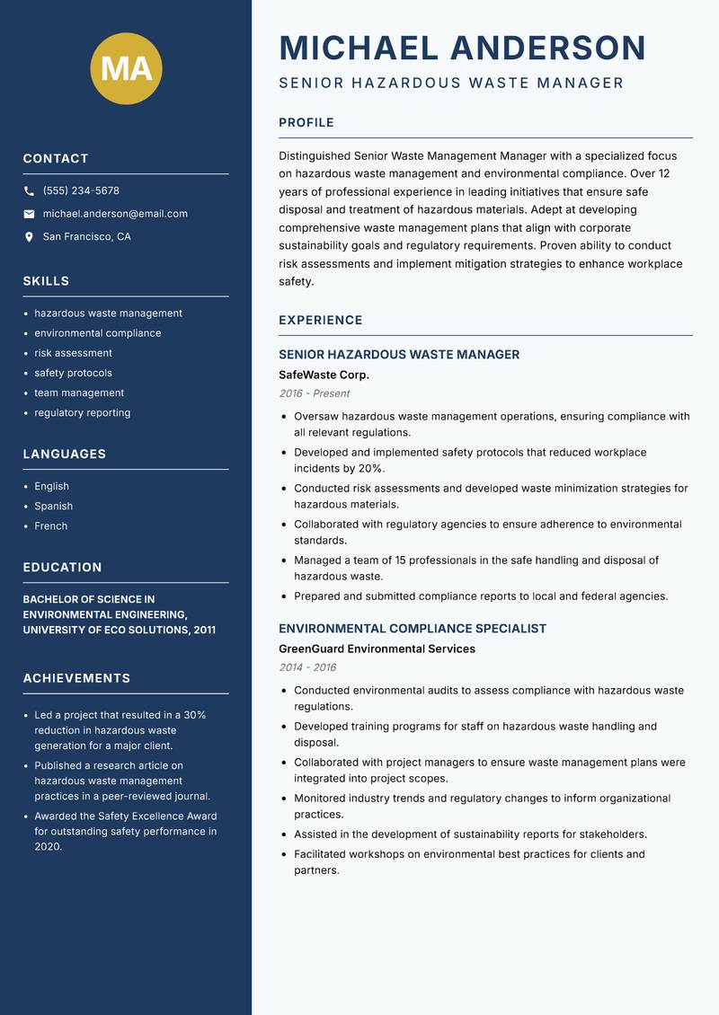 Senior Waste Management Manager resume sample — Senior Hazardous Waste Manager focus