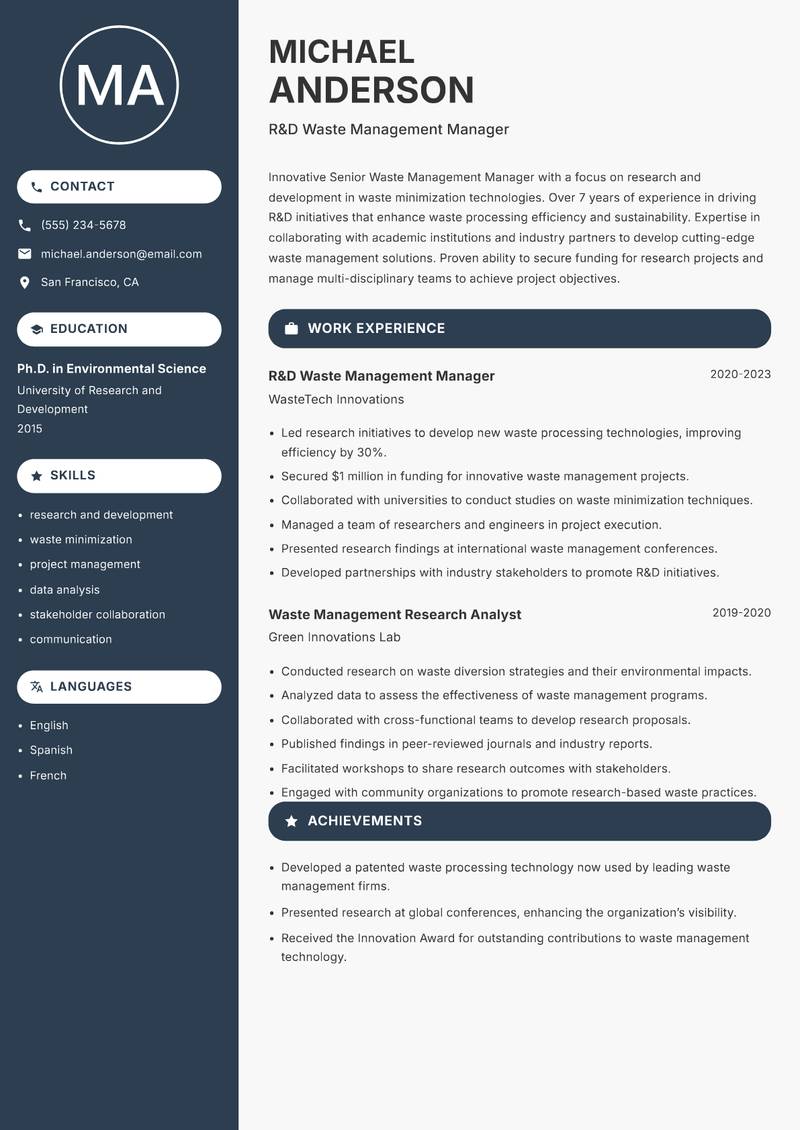 Senior Waste Management Manager resume sample — R&D Waste Management Manager focus