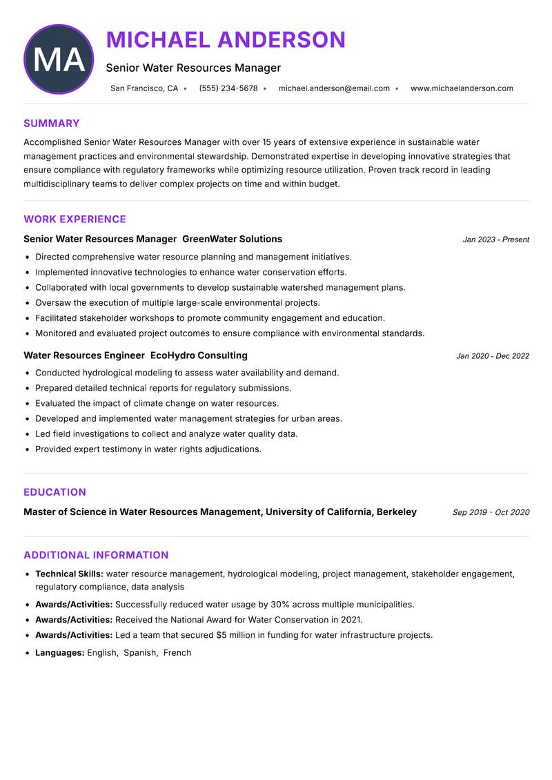 Senior Water Resources Manager resume example