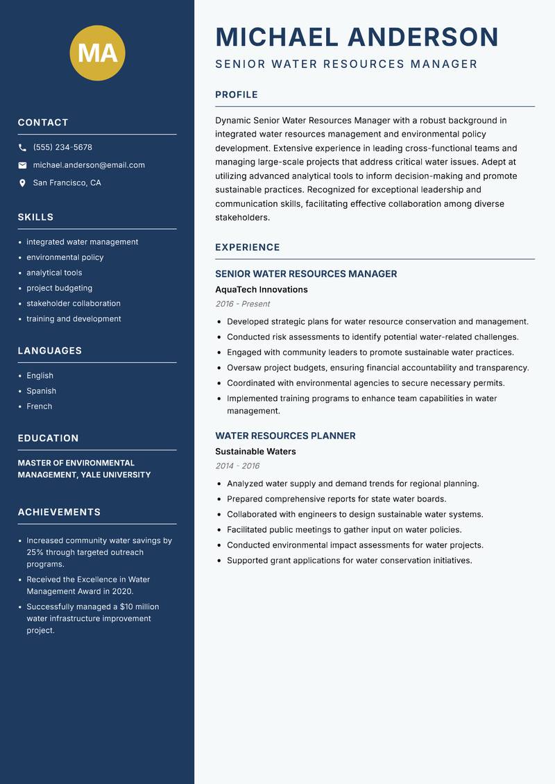 Senior Water Resources Manager resume sample — Senior Water Resources Manager focus