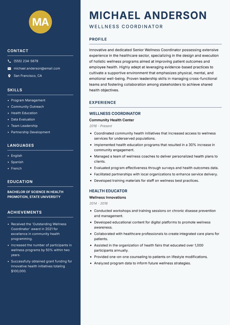 Senior Wellness Coordinator resume sample — Wellness Coordinator focus