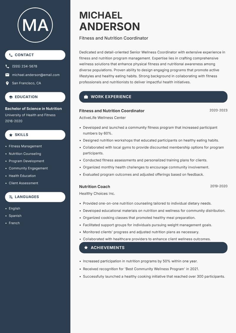 Senior Wellness Coordinator resume sample — Fitness and Nutrition Coordinator focus
