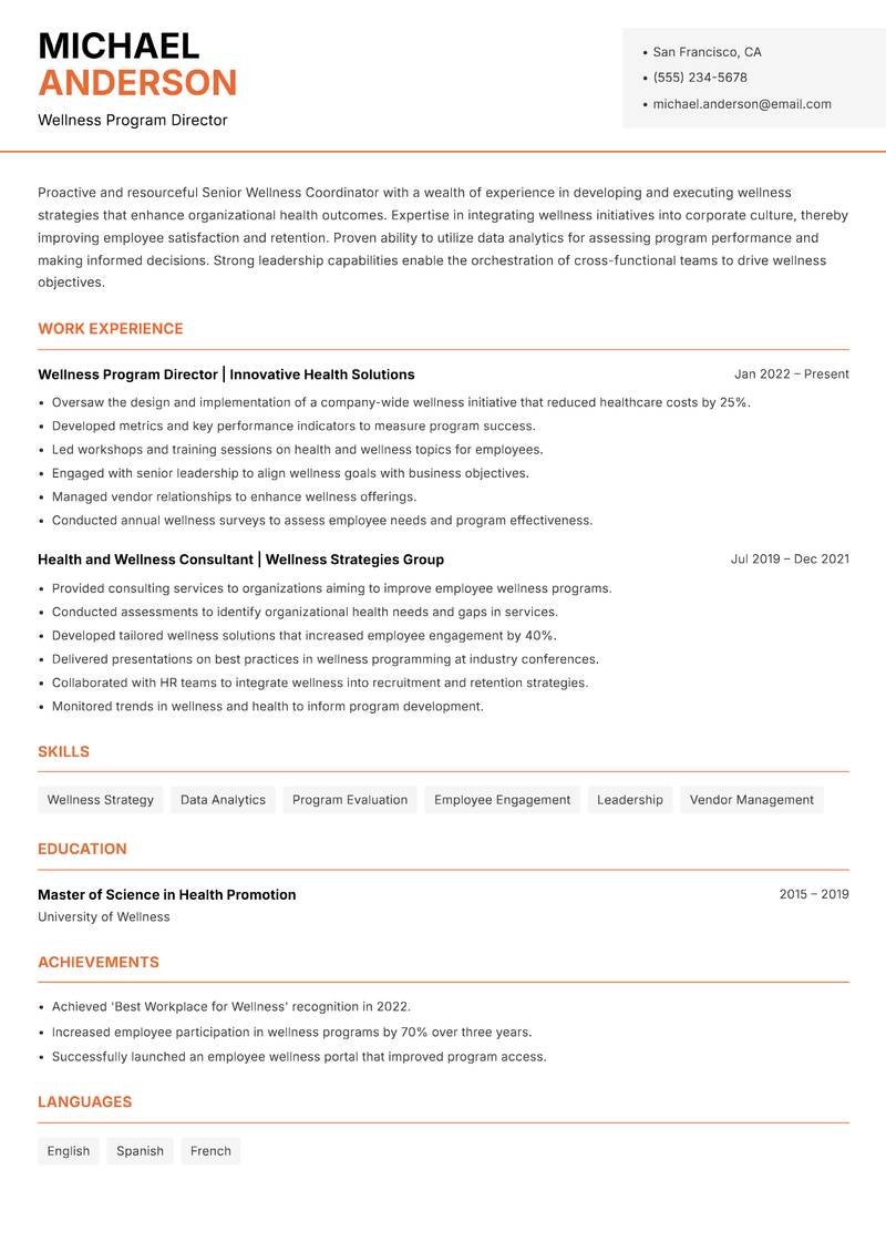 Senior Wellness Coordinator resume sample — Wellness Program Director focus