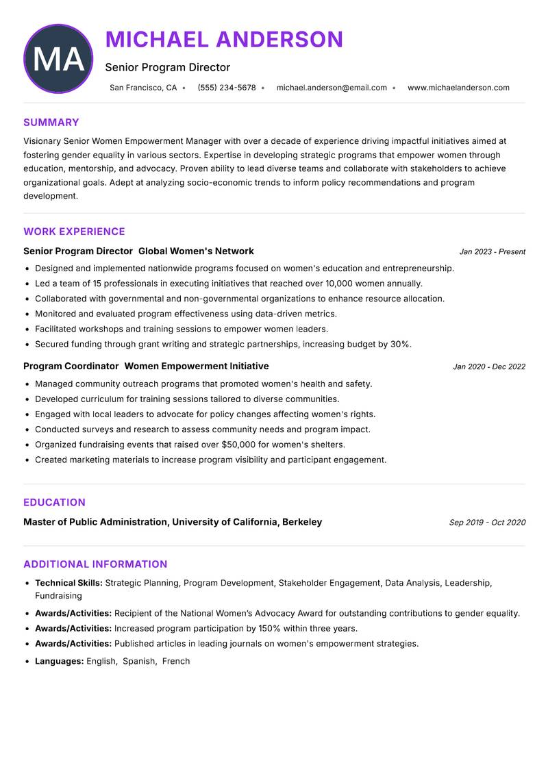 Senior Women Empowerment Manager resume example