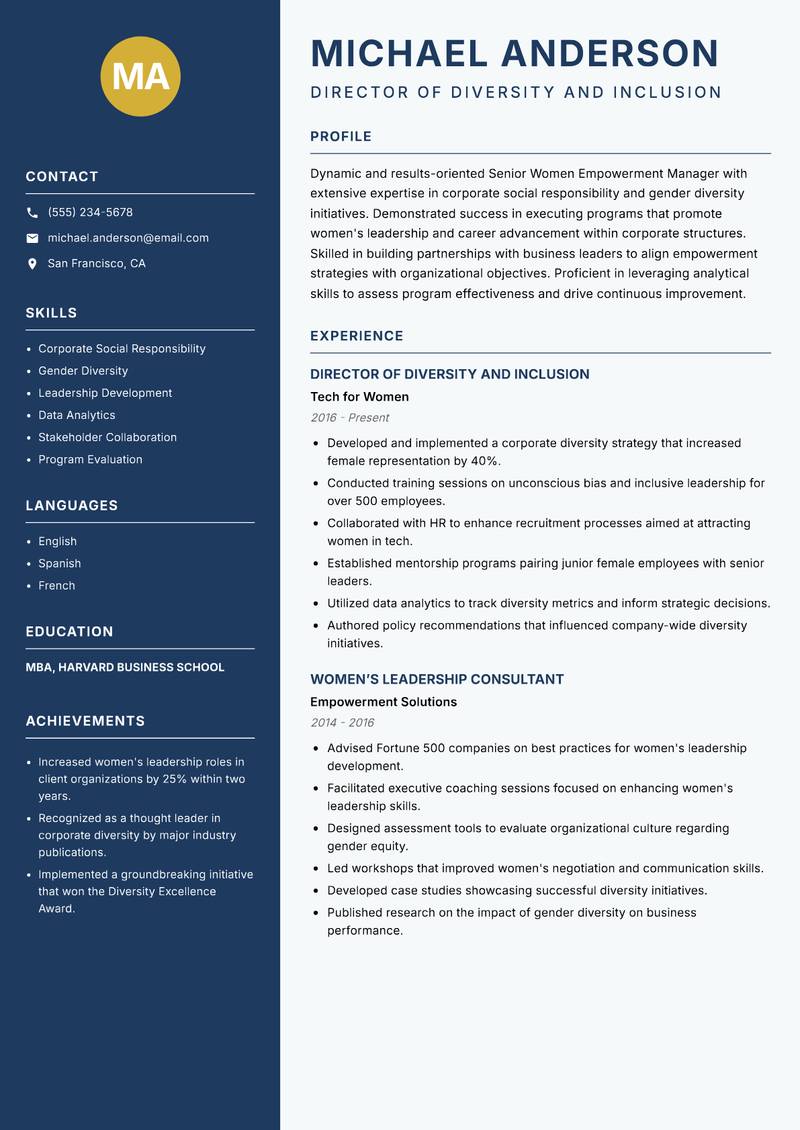 Senior Women Empowerment Manager resume sample — Director of Diversity and Inclusion focus