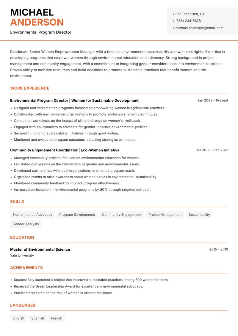 Senior Women Empowerment Manager resume sample — Environmental Program Director focus