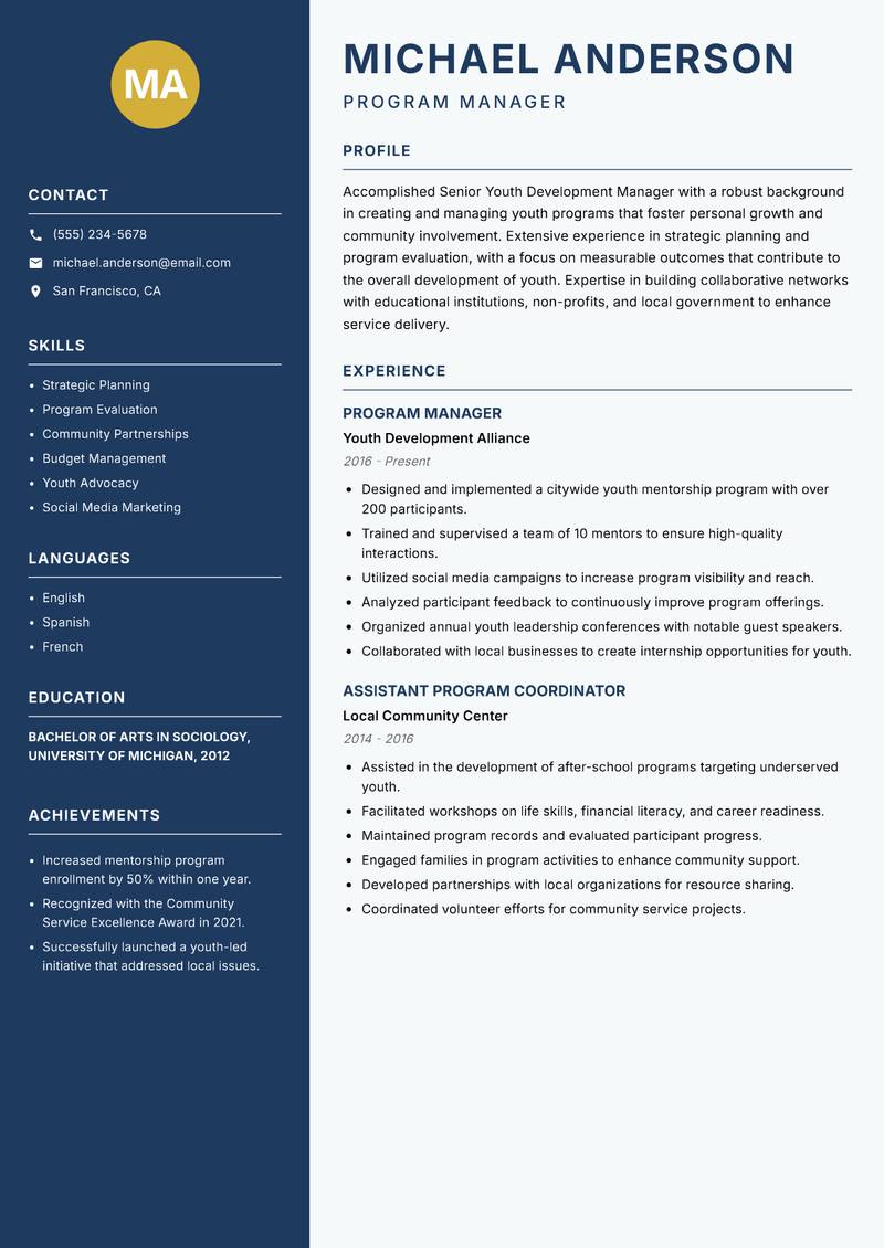 Senior Youth Development Manager resume sample — Program Manager focus