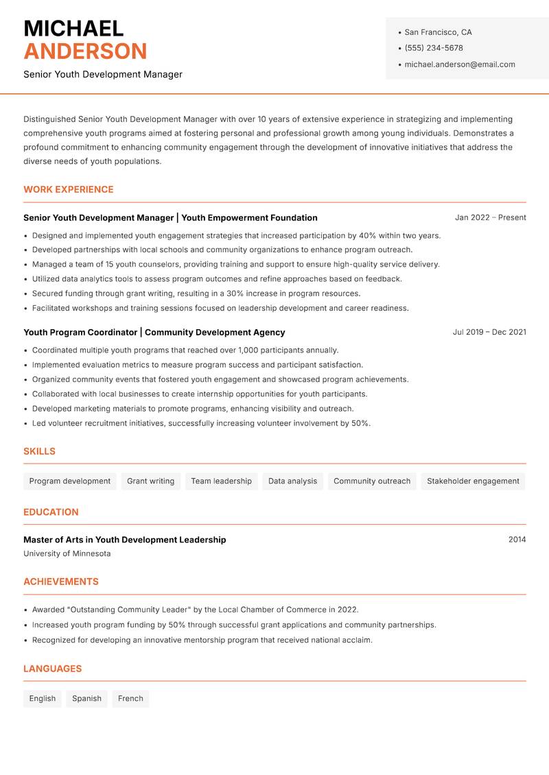 Senior Youth Development Manager resume sample — Senior Youth Development Manager focus