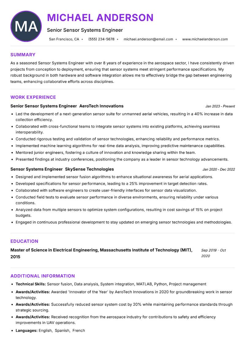 Sensor Systems Engineer resume example