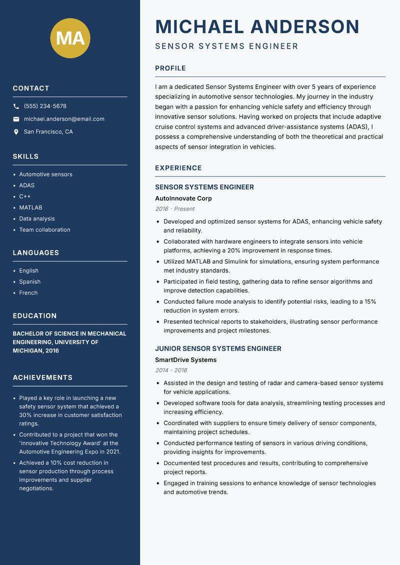 Sensor Systems Engineer resume sample — Sensor Systems Engineer focus