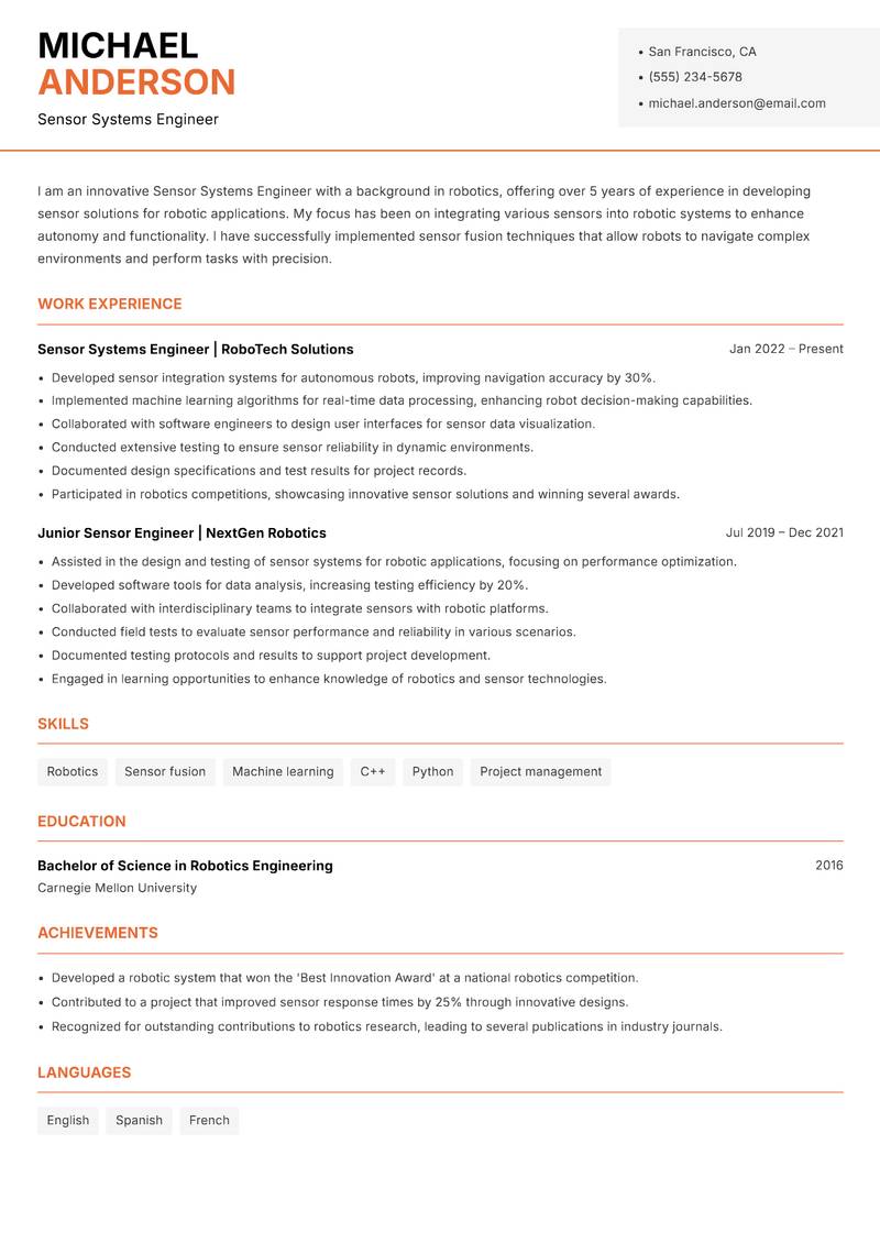 Sensor Systems Engineer resume sample — Sensor Systems Engineer focus