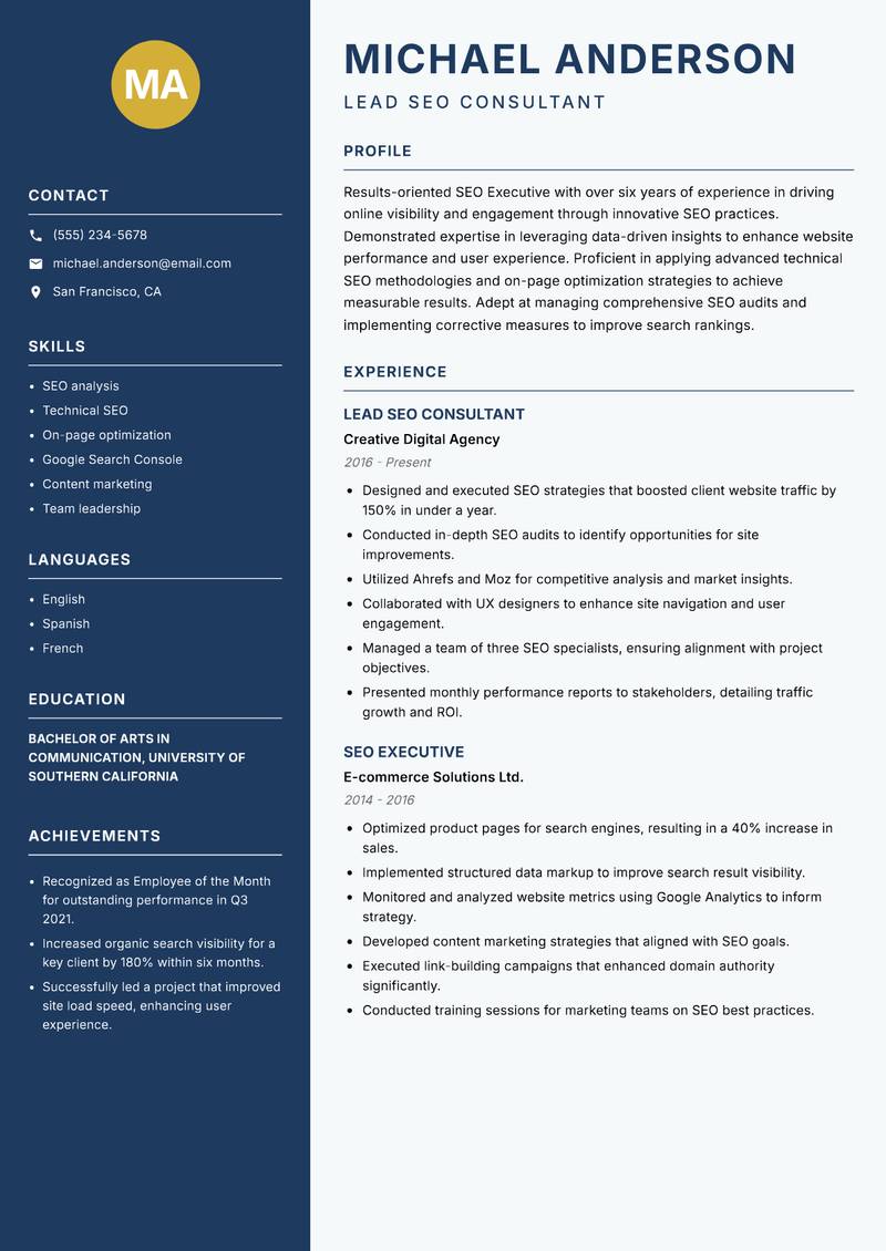 SEO Executive resume sample — Lead SEO Consultant focus