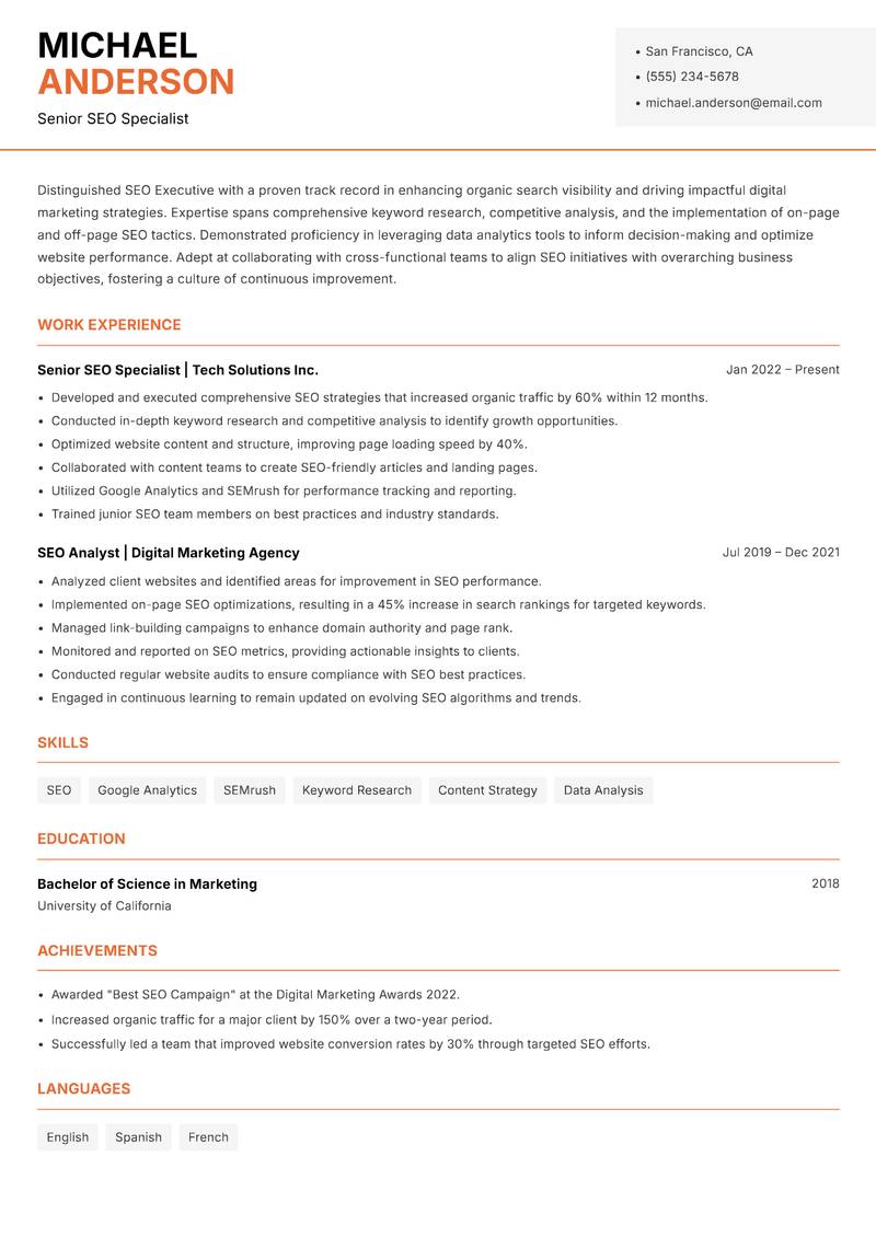 SEO Executive resume sample — Senior SEO Specialist focus