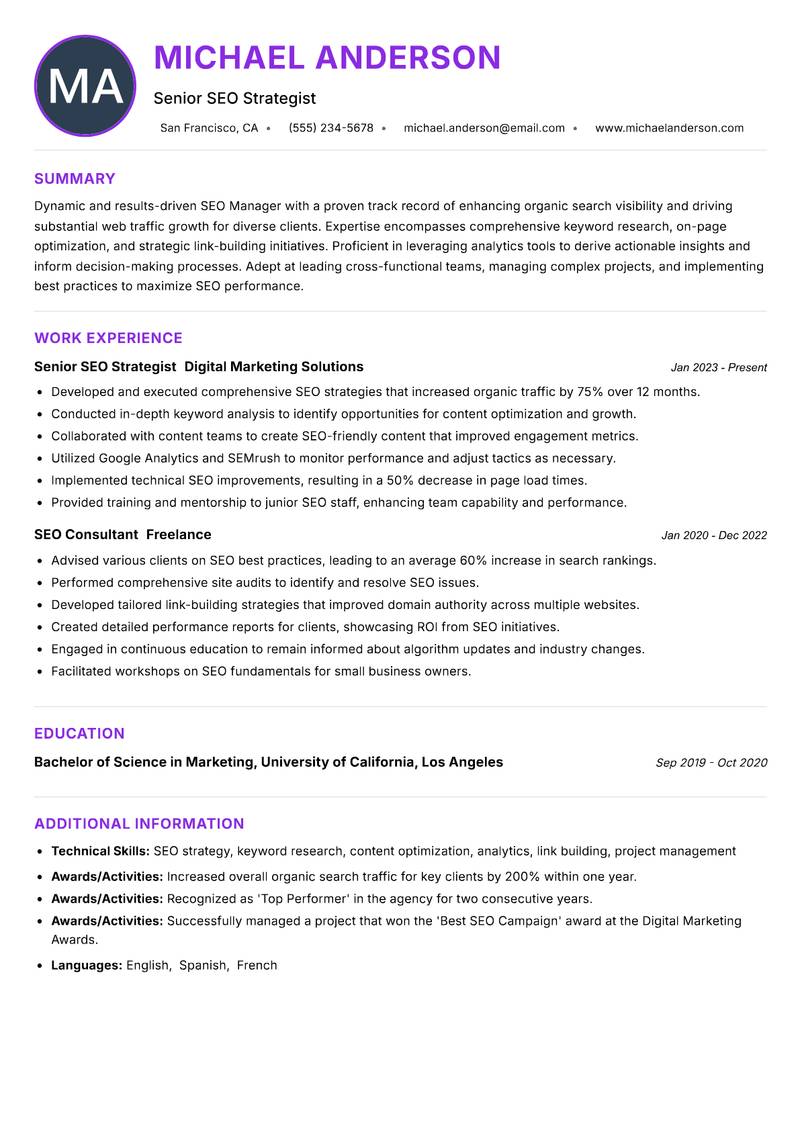 SEO Manager resume example