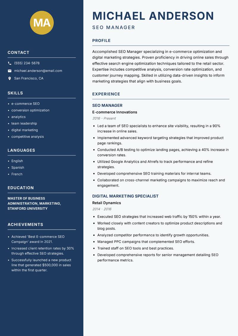 SEO Manager resume sample — SEO Manager focus
