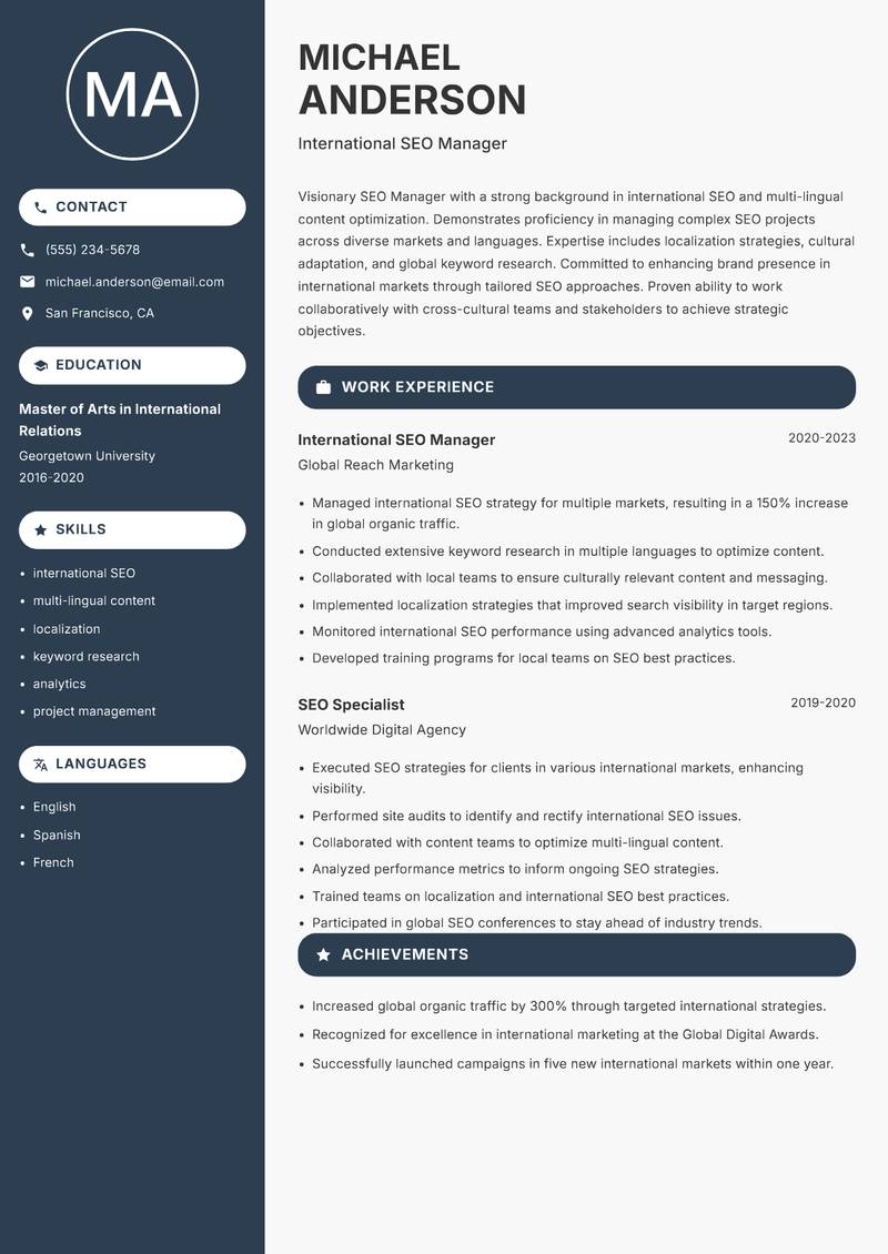 SEO Manager resume sample — International SEO Manager focus