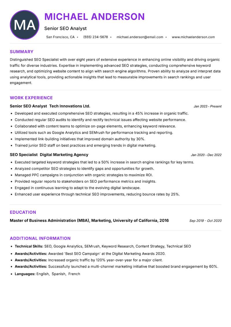 SEO Specialist resume example