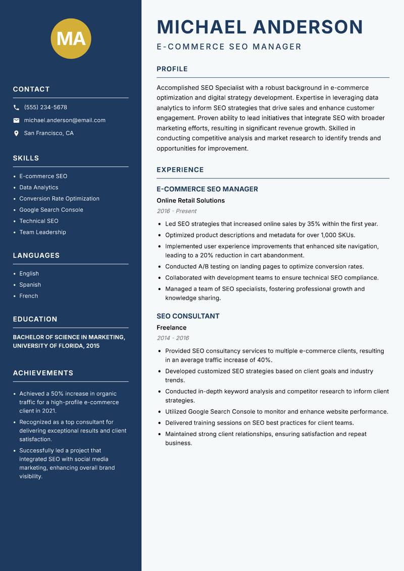 SEO Specialist resume sample — E-commerce SEO Manager focus