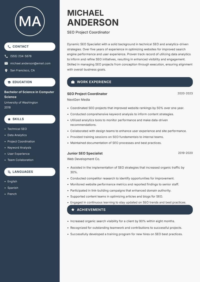 SEO Specialist resume sample — SEO Project Coordinator focus