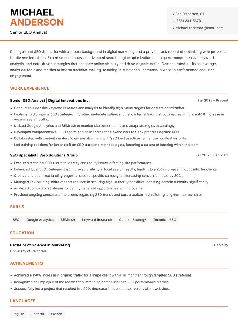 SEO Specialist resume sample — Senior SEO Analyst focus