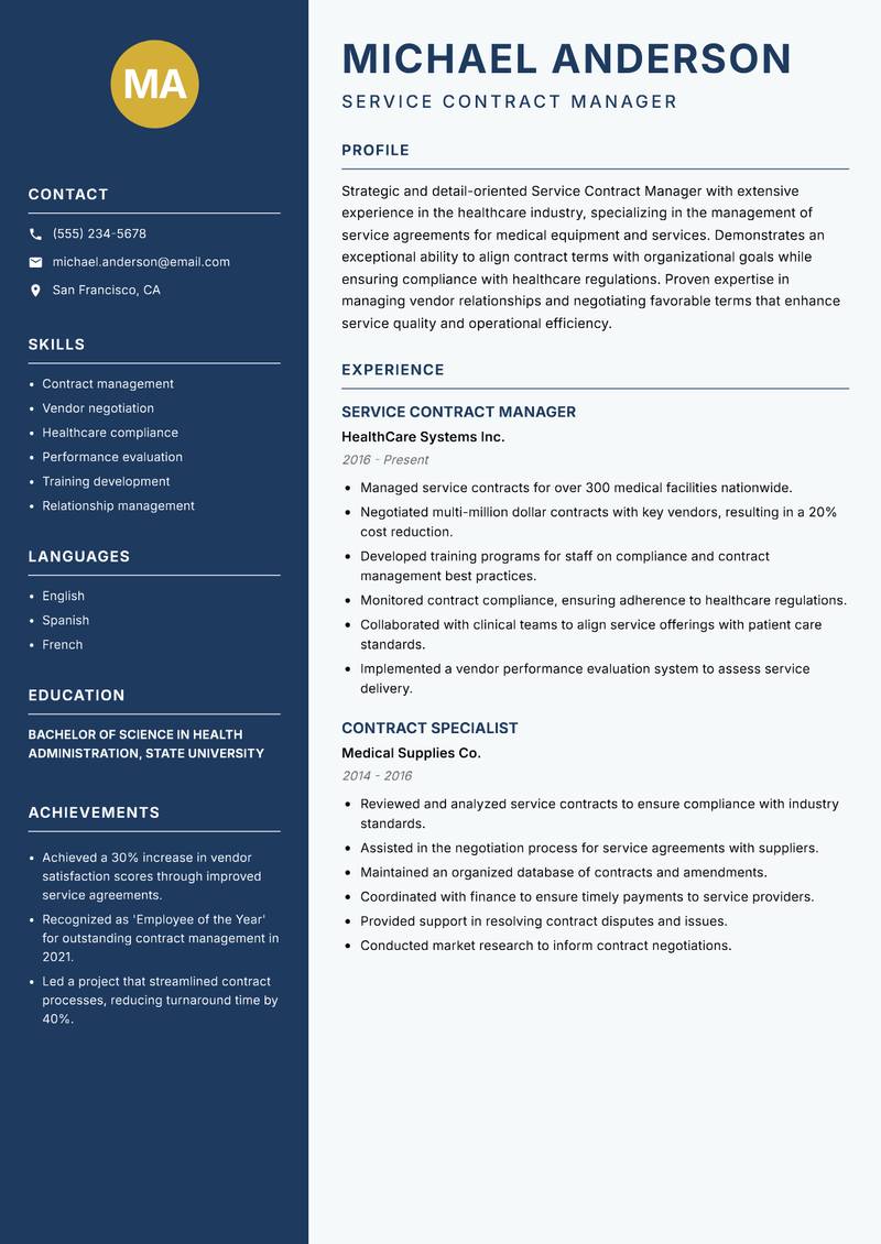Service Contract Manager resume sample — Service Contract Manager focus
