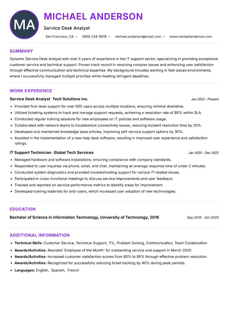Service Desk Analyst resume example