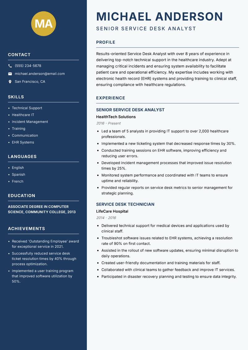 Service Desk Analyst resume sample — Senior Service Desk Analyst focus