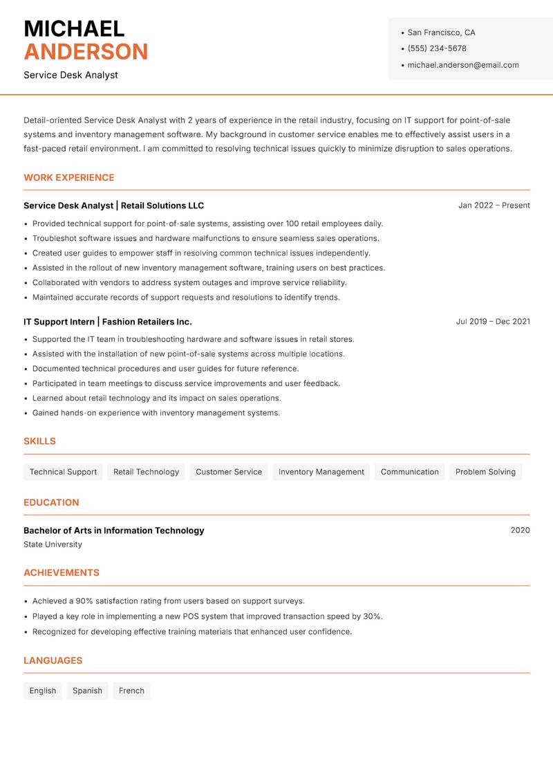Service Desk Analyst resume sample — Service Desk Analyst focus