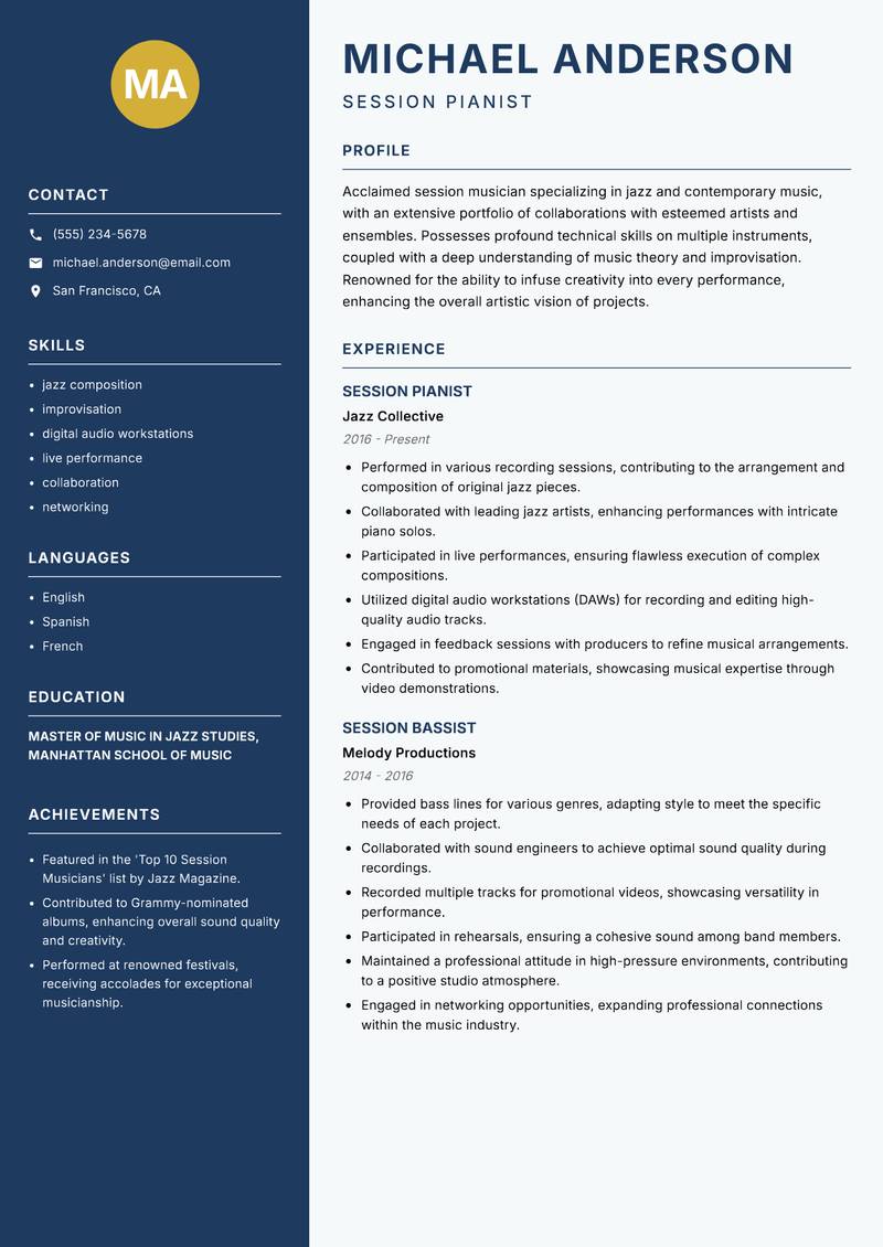 Session Musician resume sample — Session Pianist focus