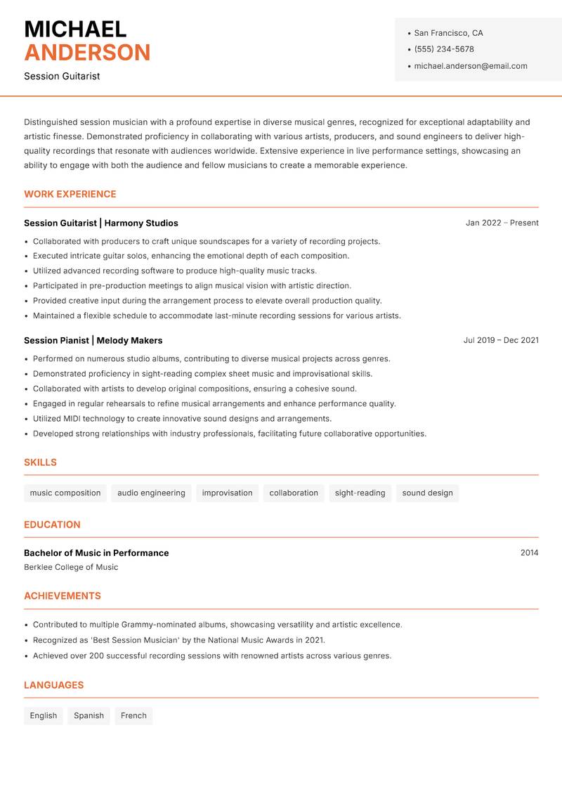 Session Musician resume sample — Session Guitarist focus