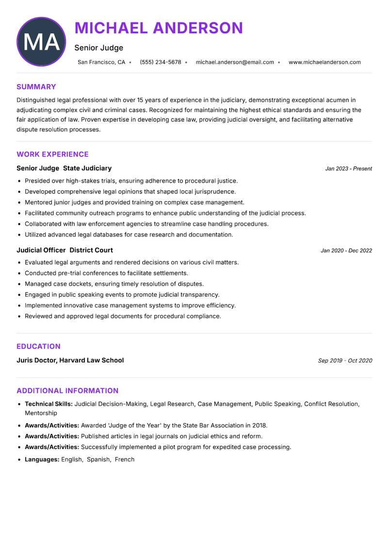 Sessions Court Judge resume example