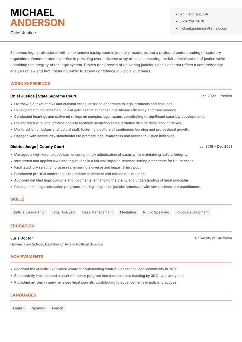 Sessions Judge resume sample — Chief Justice focus