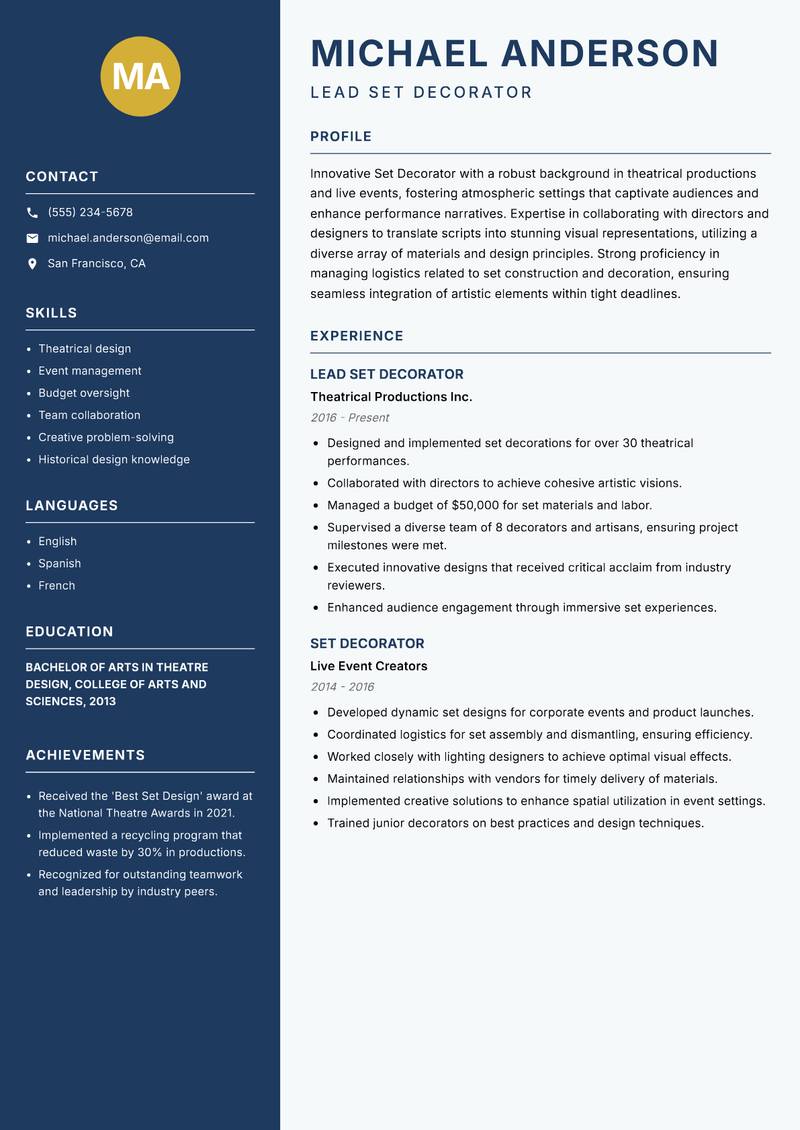 Set Decorator resume sample — Lead Set Decorator focus