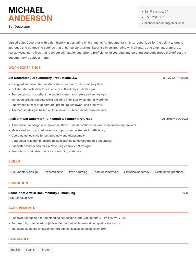 Set Decorator resume sample — Set Decorator focus