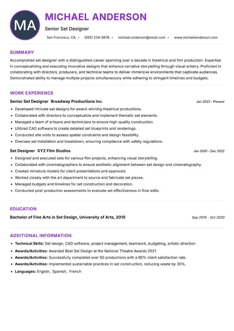 Set Designer resume example