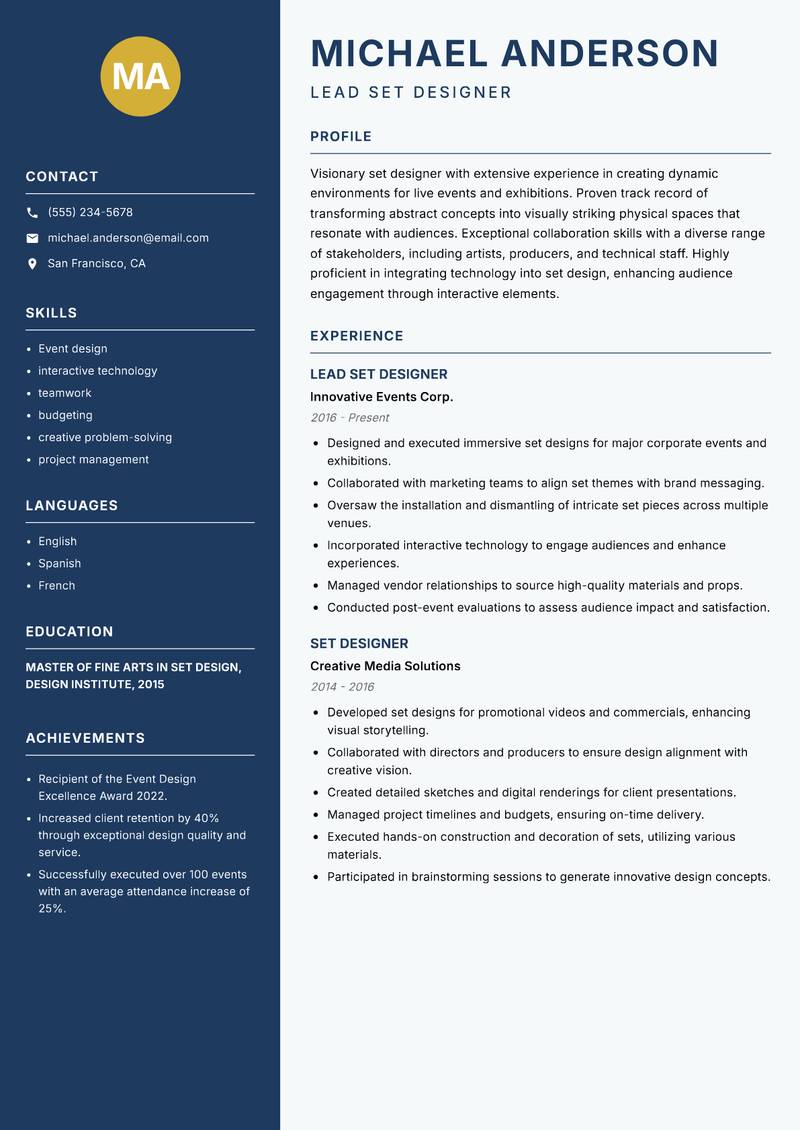 Set Designer resume sample — Lead Set Designer focus