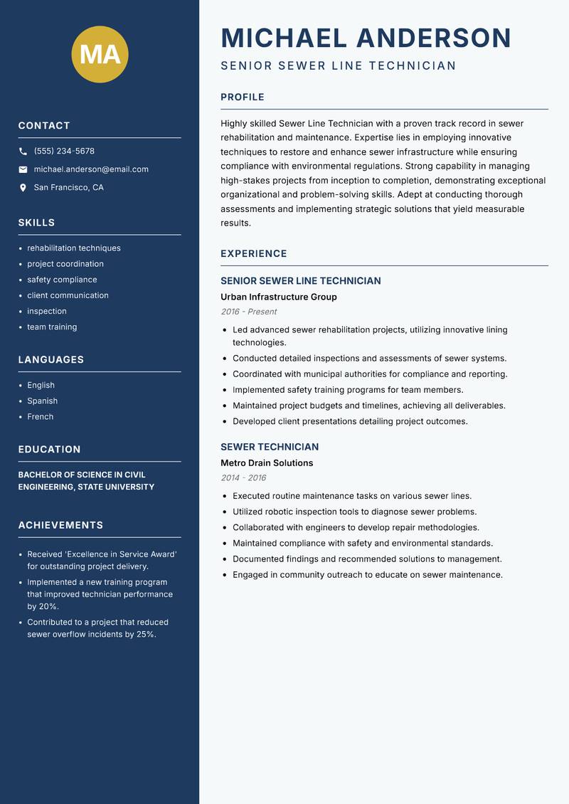 Sewer Line Technician resume sample — Senior Sewer Line Technician focus