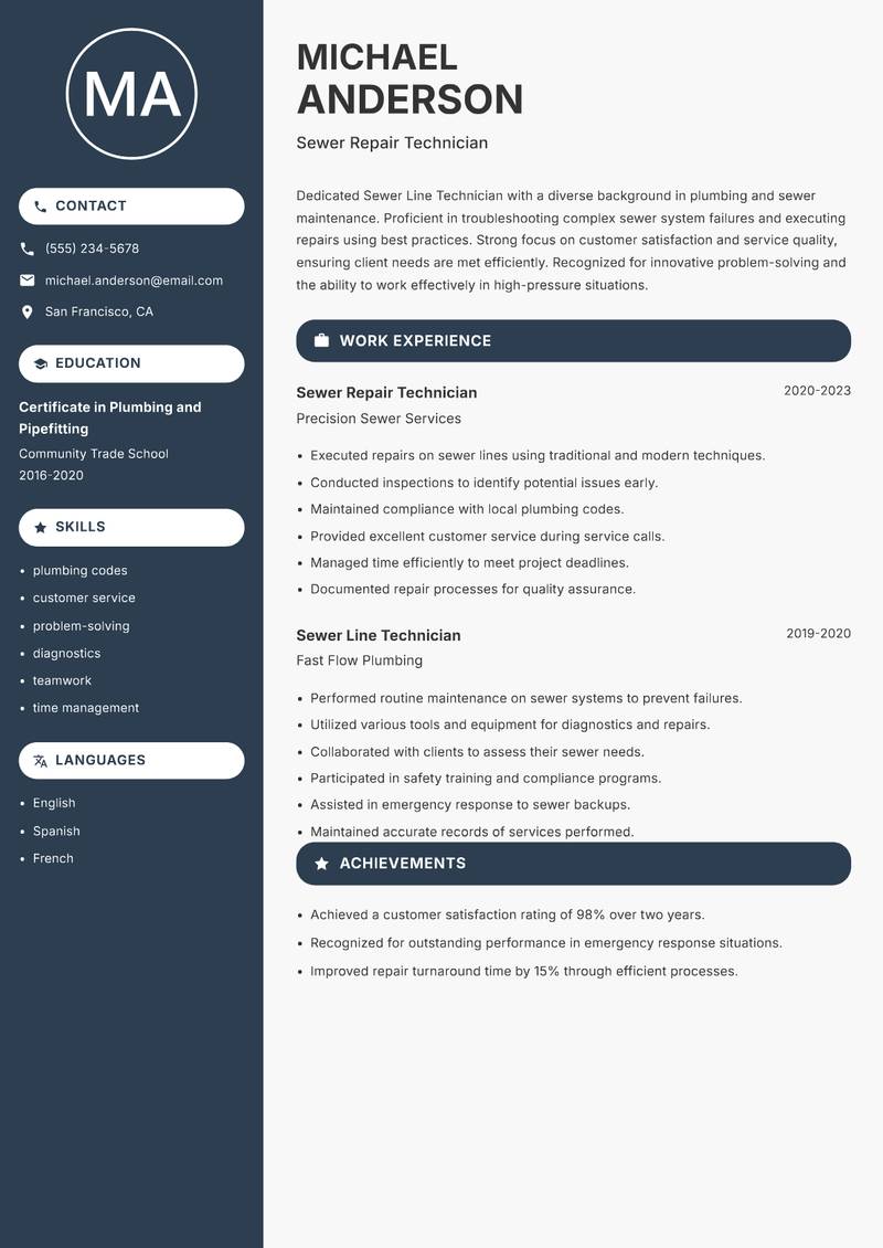 Sewer Line Technician resume sample — Sewer Repair Technician focus