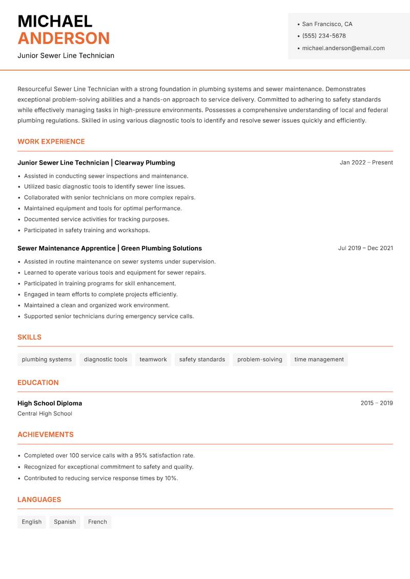 Sewer Line Technician resume sample — Junior Sewer Line Technician focus