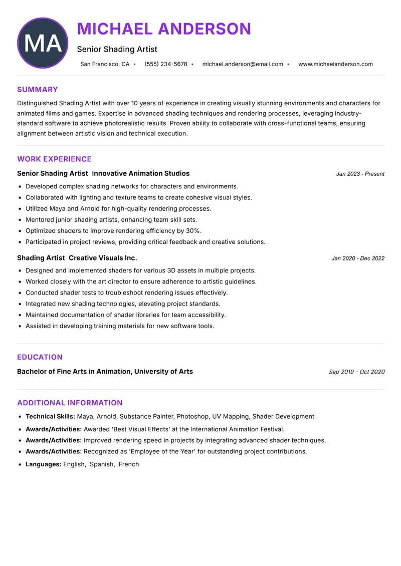 Shading Artist resume example