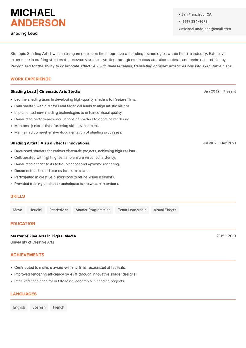 Shading Artist resume sample — Shading Lead focus