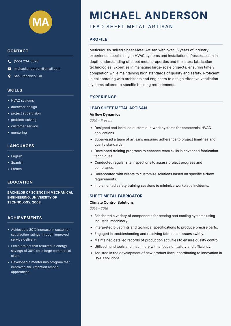 Sheet Metal Artisan resume sample — Lead Sheet Metal Artisan focus