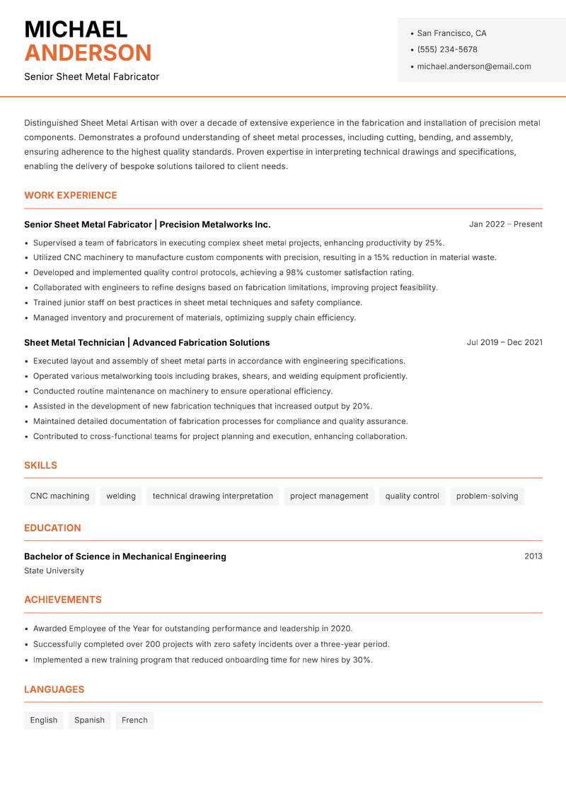 Sheet Metal Artisan resume sample — Senior Sheet Metal Fabricator focus